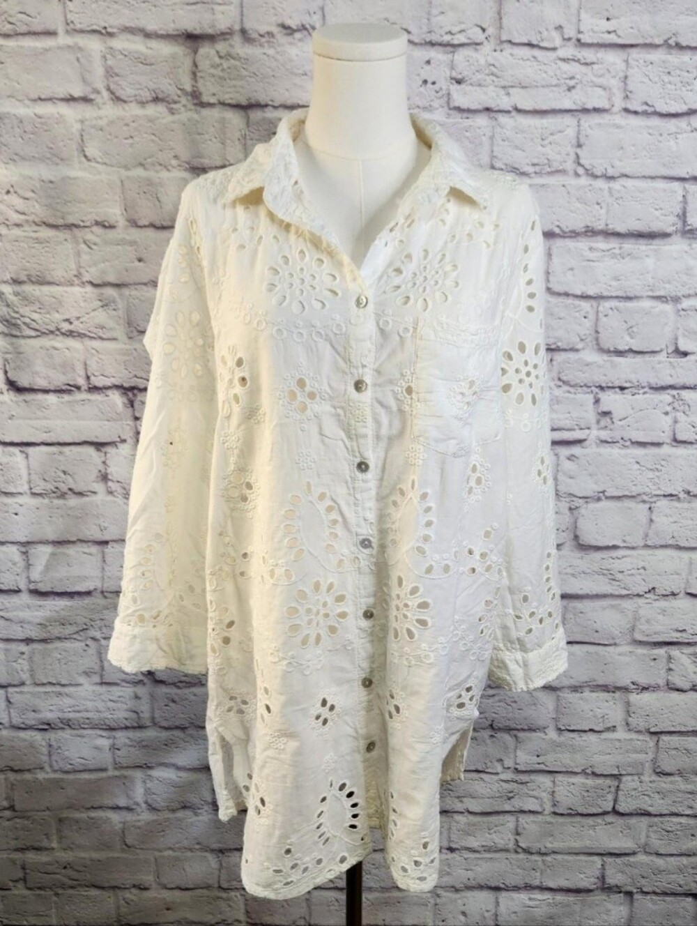 KARYN SEO Button Down Embroidered eyelet Cotton Blouse Ivory White Top Womens XL